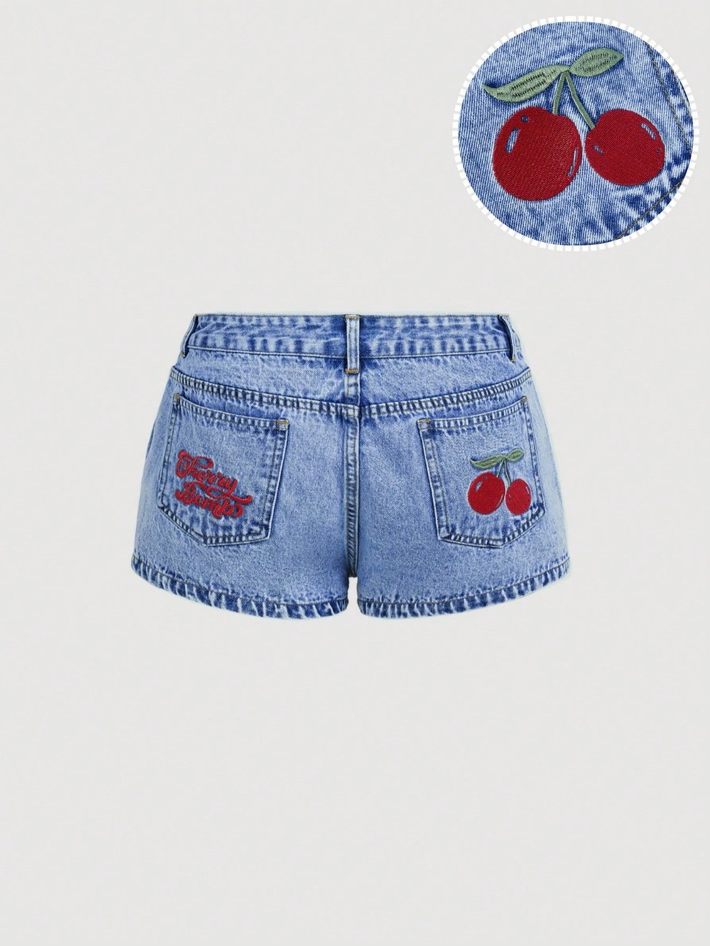 Cherry Embroidered Denim Shorts